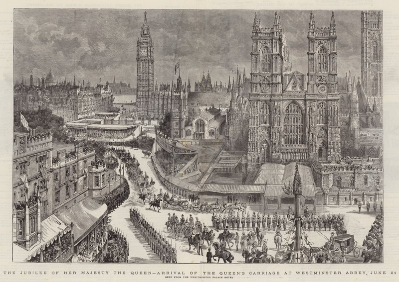 Hennes Majestät Drottningens jubileum, ankomsten av drottningens vagn till Westminster Abbey, 21 juni av Henry William Brewer