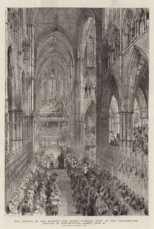 Hennes Majestät Drottningens jubileum, allmän bild av tacksägelsegudstjänsten i Westminster Abbey, 21 juni av Henry William Brewer