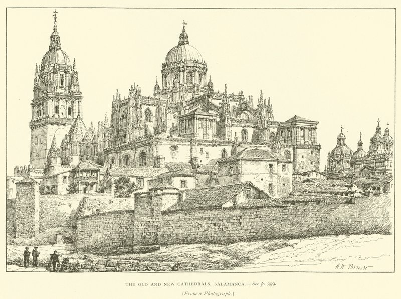 Gamla och nya katedraler, Salamanca (gravyr) av Henry William Brewer
