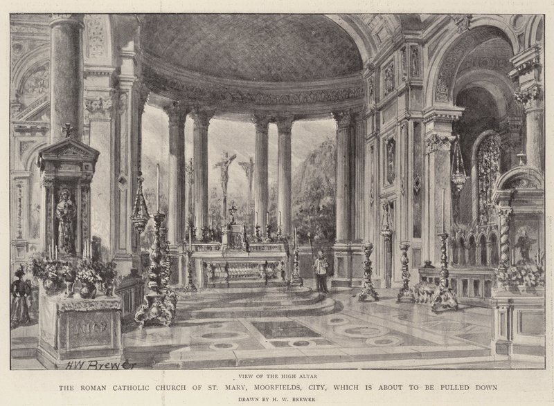 Den romersk-katolska kyrkan St Mary, Moorfields, City, som är på väg att rivas av Henry William Brewer