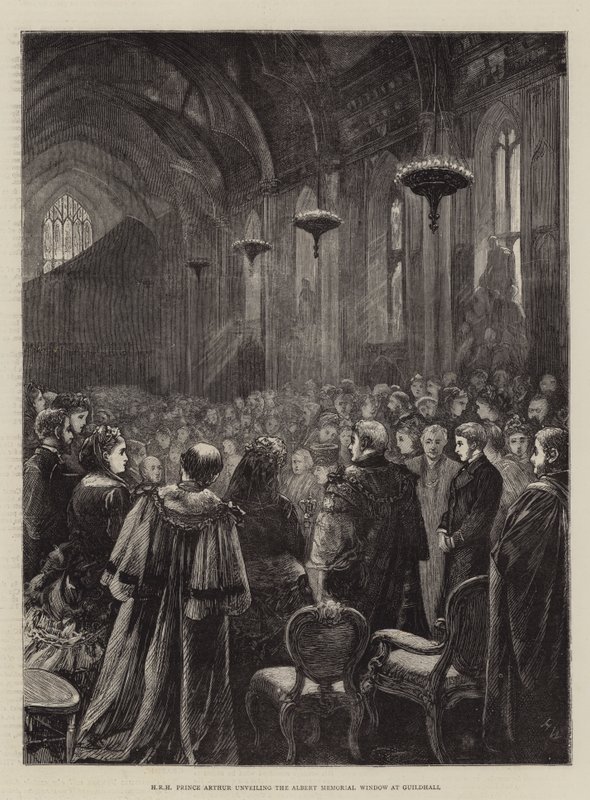 HKH Prins Arthur avtäcker Albert Memorial Window i Guildhall av Henry Woods