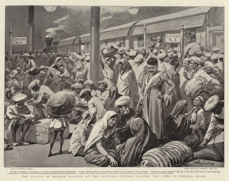 Pesten i Bombay, infödda vid Victoria Station som lämnar staden med specialtåg av Herbert Johnson