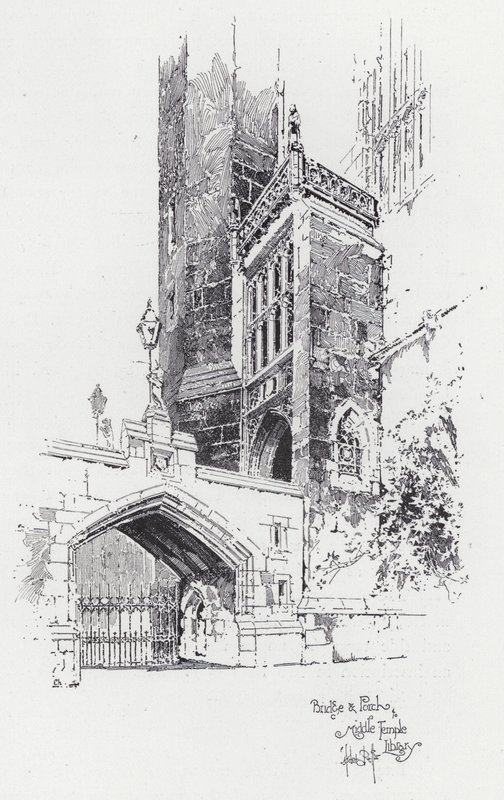 Bro och veranda till Middle Temple Library (gravyr) av Herbert (after) Railton
