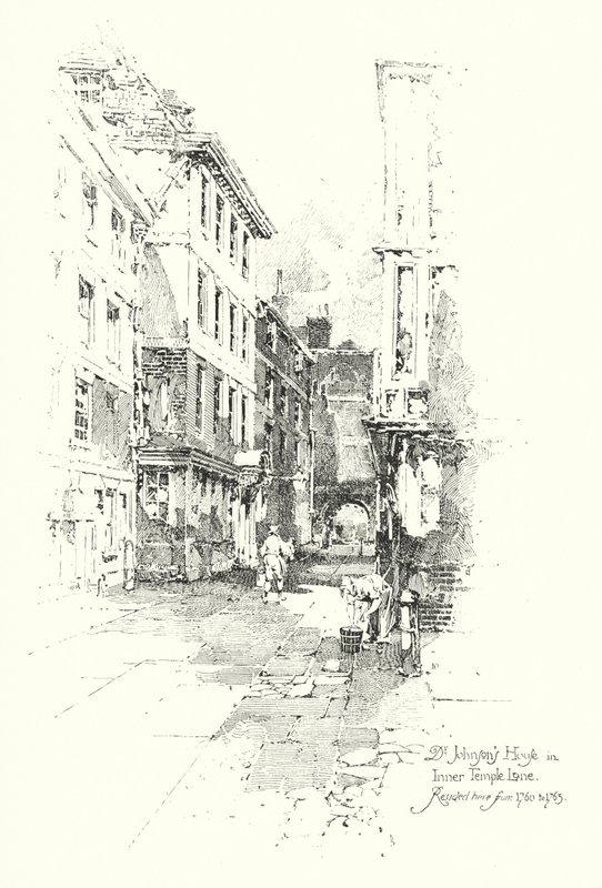 Dr Johnsons hus, Inner Temple Lane, bodde där från 1760 till 1765 (litho) av Herbert (after) Railton