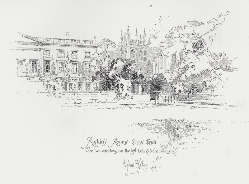 Den engelske konstkritikern John Ruskins rum på Corpus Christi College, Oxford (litho) av Herbert (after) Railton