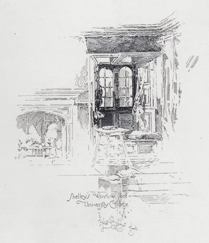 Engelske poeten Percy Bysshe Shelleys fönsterplats vid University College, Oxford (litho) av Herbert (after) Railton