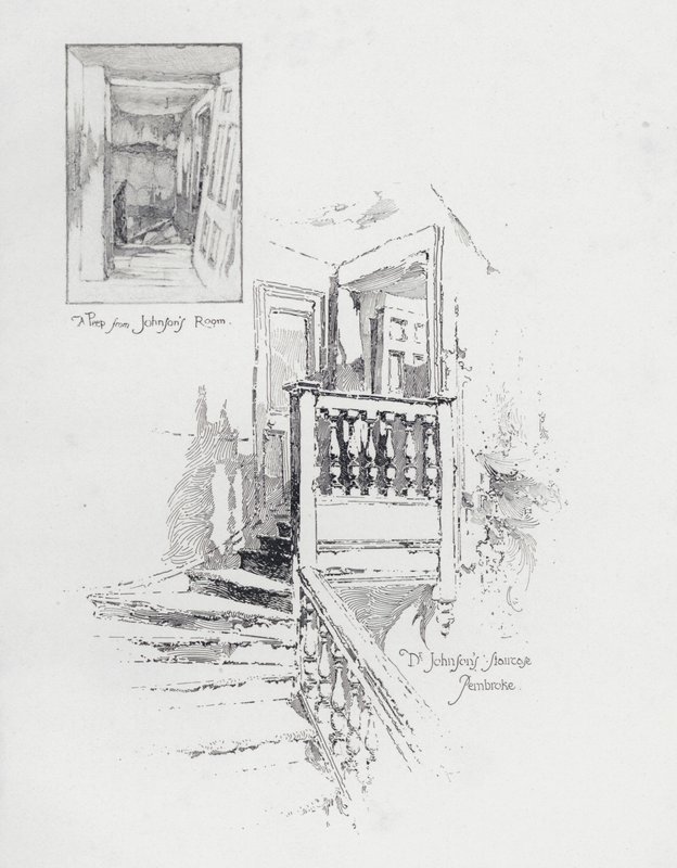 Engelske författaren Samuel Johnsons rum och trappa, Pembroke College, Oxford (litho) av Herbert (after) Railton