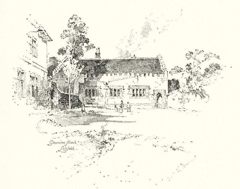 Grammar School, Lichfield, där Dr Johnson gick i skolan (litho) av Herbert (after) Railton