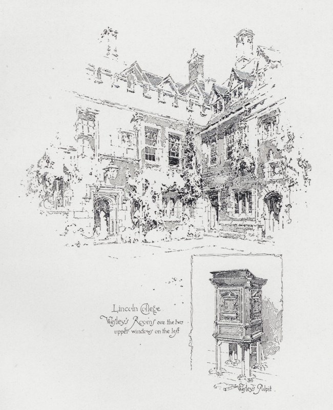 Predikstol som används av den engelske metodistpredikanten John Wesleys och hans rum på Lincoln College, Oxford (litho) av Herbert (after) Railton