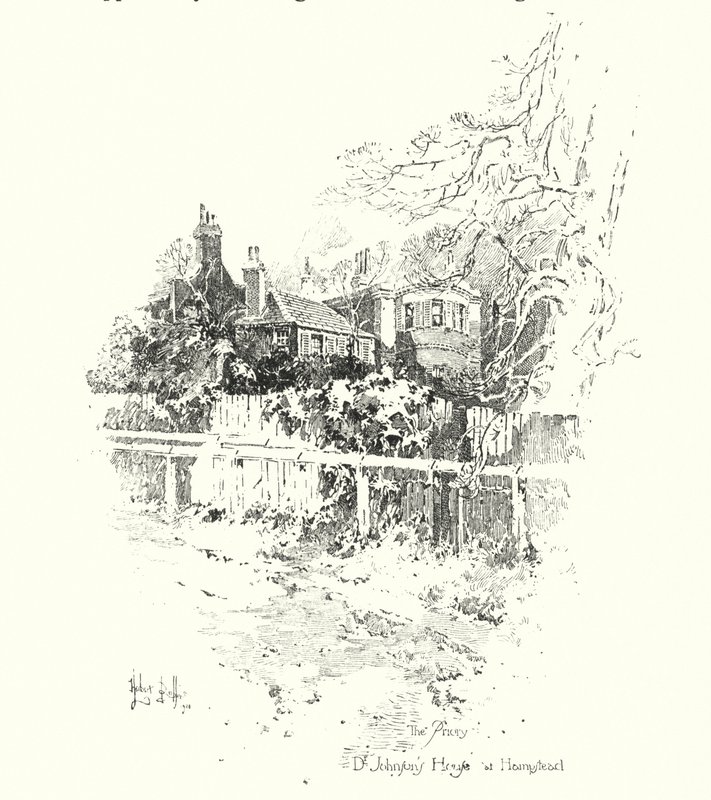 Priory, Dr Johnsons hus, i Hampstead, London (litho) av Herbert (after) Railton
