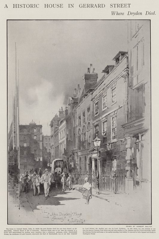 Huset på Gerrard Street, London, där poeten John Dryden dog 1700 (litho) av Herbert (after) Railton