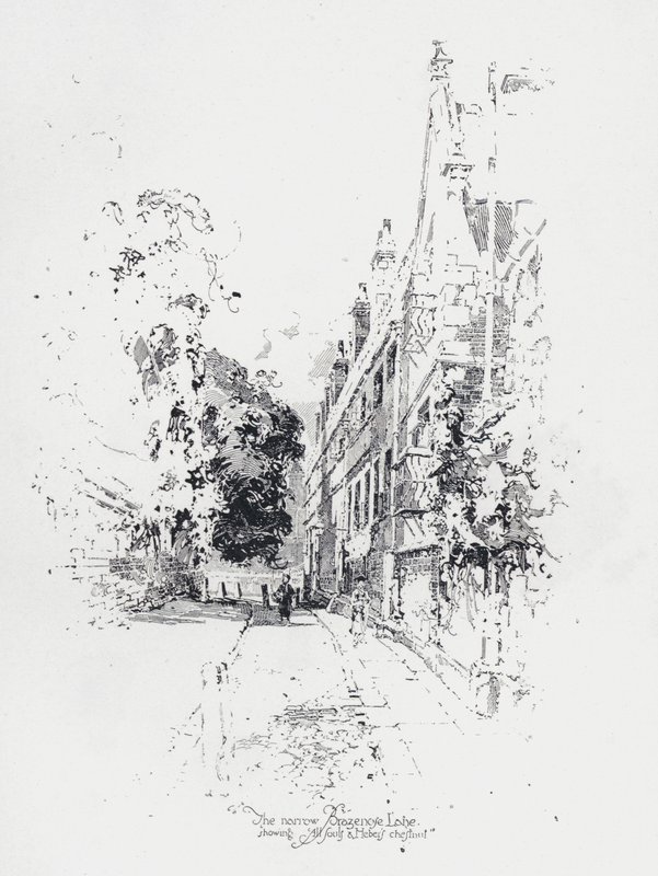 Den smala Brasenose Lane, Oxford, som visar All Souls