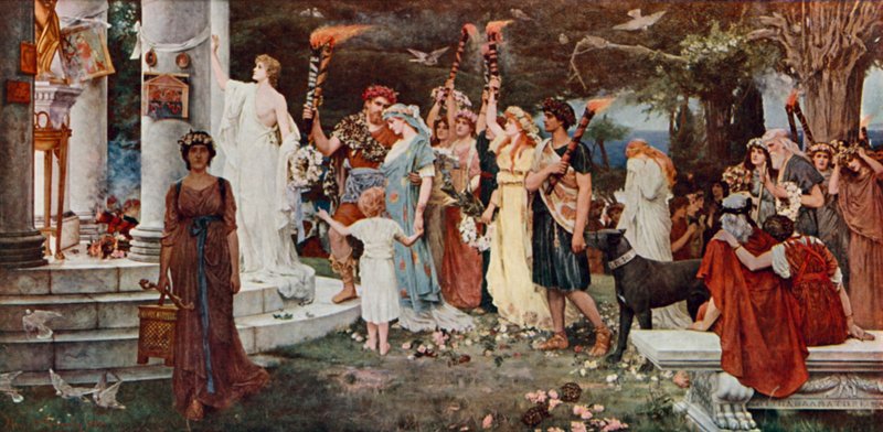 Eros-templet (färglitografi) av Herbert Gustave (after) Schmalz