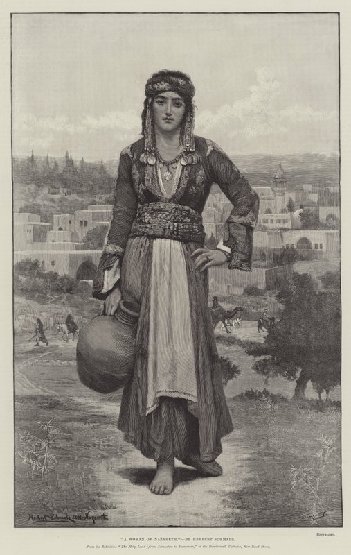 En kvinna från Nasaret, från utställningen Det heliga landet, från Jerusalem till Damaskus, på Dowdeswell Galleries, New Bond Street. av Herbert Gustave Schmalz