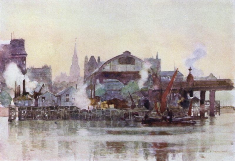 Charing Cross Station från floden (färg litho) av Herbert Menzies (after) Marshall