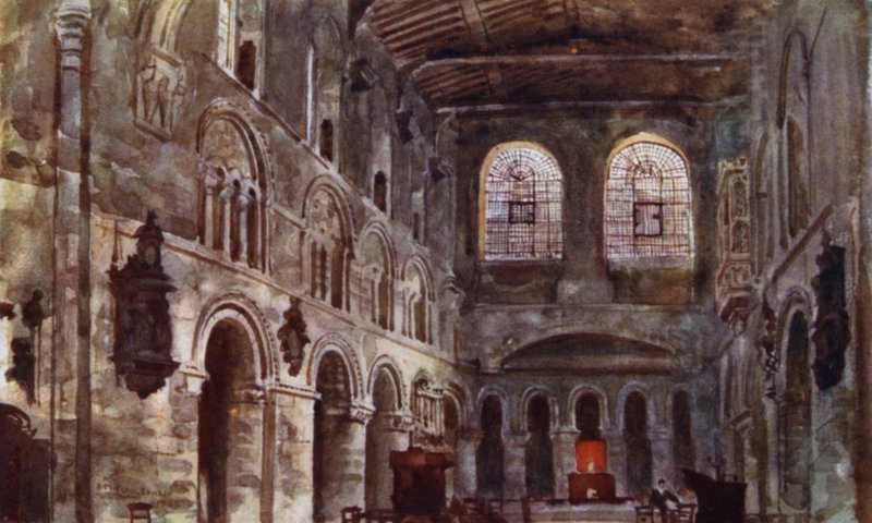 Interiör av St Bartolomeus före restaurering (färg litho) av Herbert Menzies (after) Marshall