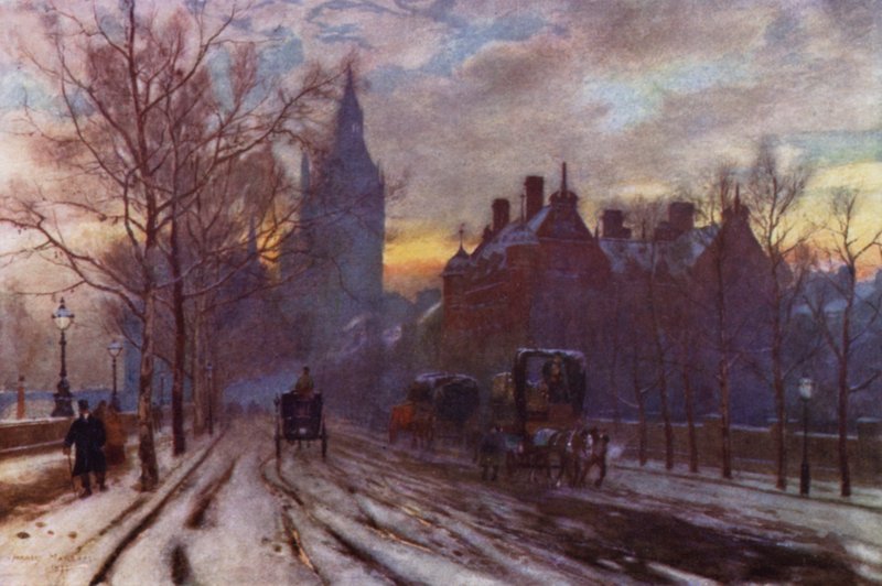 The Westminster Embankment (färg litho) av Herbert Menzies (after) Marshall