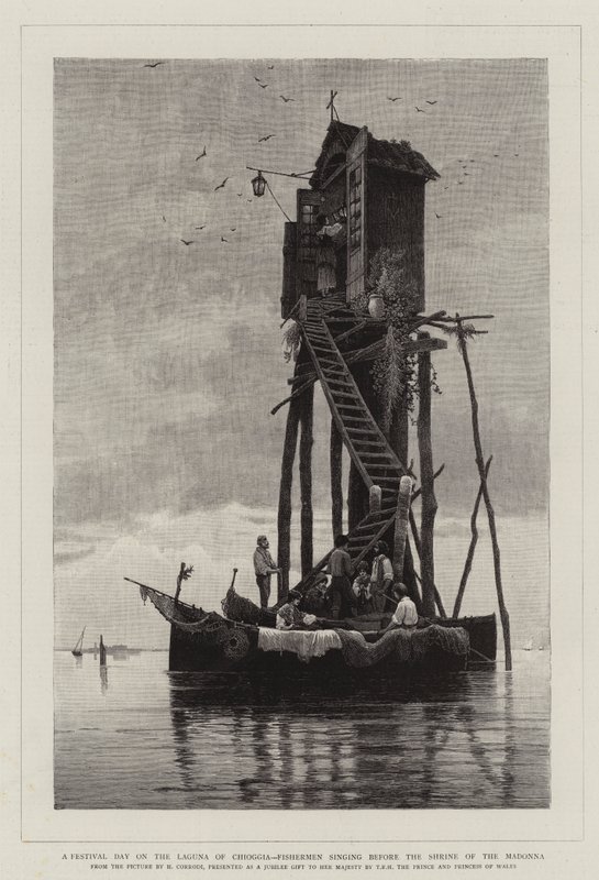 En festivaldag på Laguna of Chioggia, fiskare som sjunger inför Madonnas helgedom av Hermann David Salomon Corrodi