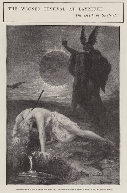 Wagnerfestivalen i Bayreuth: Siegrfrieds död (litho) av Hermann (after) Hendrich