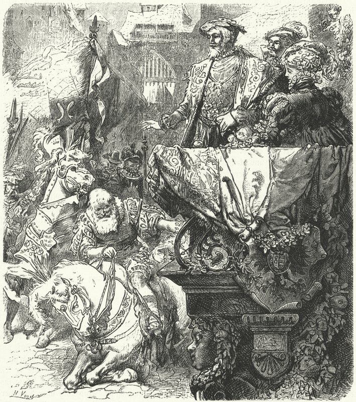 Hertig Ulrich av Wuttemberg ödmjukar sig inför den helige romerske kejsaren Karl V, 1548 av Hermann Vogel