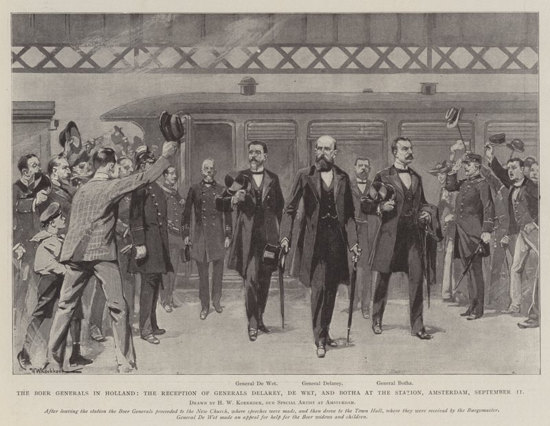 Boergeneralerna i Holland, mottagandet av generalerna Delarey, De Wet och Botha på stationen, Amsterdam, 11 september av Hermanus Willem Koekkoek