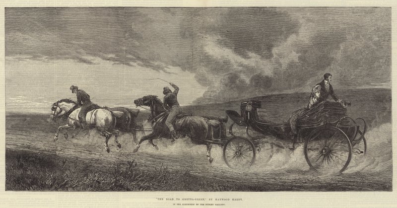 Vägen till Gretna-Green, i utställningen av Dudley Gallery av Heywood Hardy