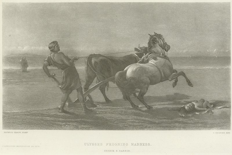 Odysseus låtsas vara galen (gravyr) av Heywood Hardy