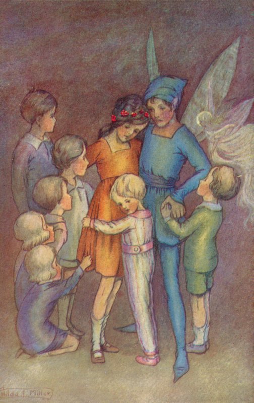 Peter Pan och Tinkerbel (färglitografi) av Hilda Theodora Miller