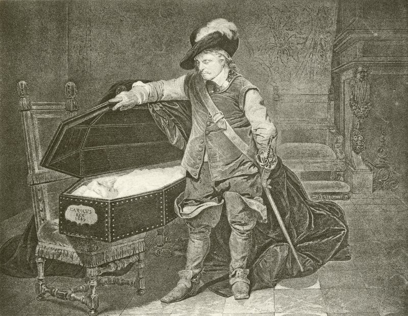 Oliver Cromwell tittar på kung Karl I:s lik (gravyr) av Hippolyte Delaroche