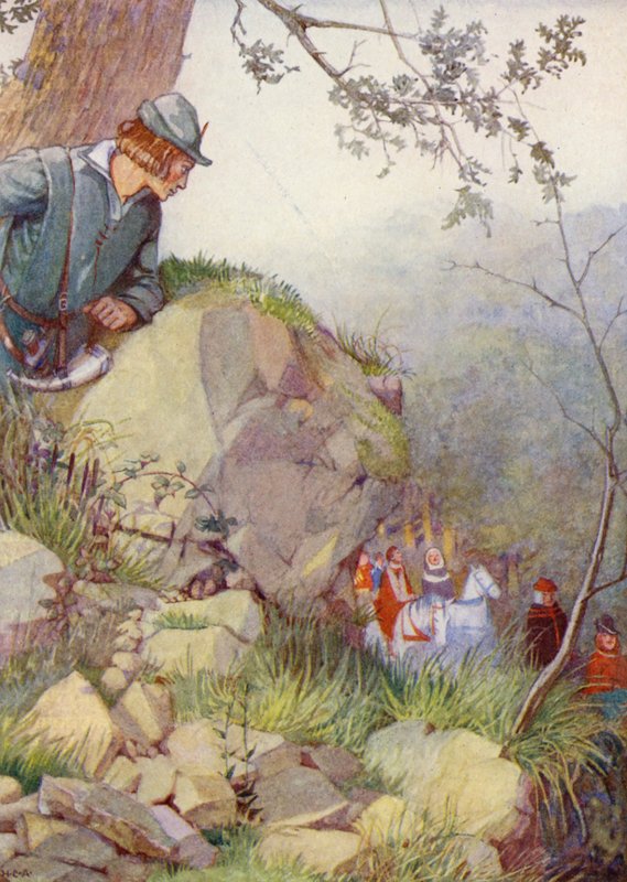 Robin Hood i skogen (färglitografi) av Honor Charlotte Appleton