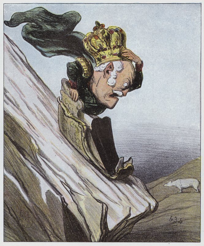 På en något farlig sluttning (litho i färg) av Honore (after) Daumier