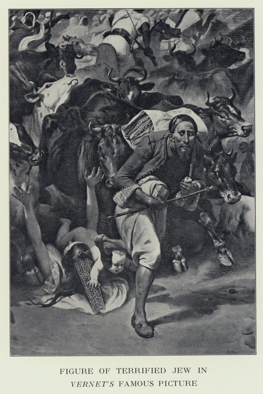Figur av skräckslagen jude i Vernets berömda bild - förmodligen en skildring av baron James Rothschild (s/v foto) av Horace (after) Vernet