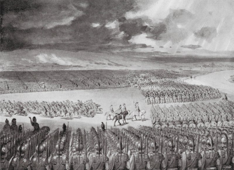 Porus inväntar Alexanders attack, juli 326 f.Kr (litografi) av Horace van Ruith
