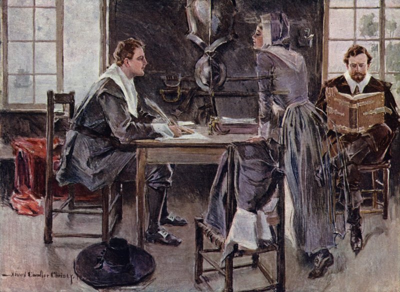 Illustration för The Courtship of Miles Standish av Henry Wadsworth Longfellow (litho i färg) av Howard Chandler (after) Christy
