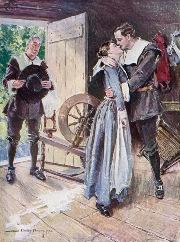Illustration till The Courtship of Miles Standish av Henry Wadsworth Longfellow (litho i färg) av Howard Chandler (after) Christy