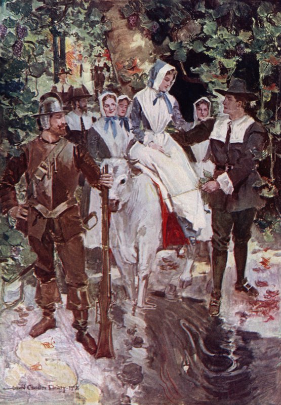 Illustration för The Courtship of Miles Standish av Henry Wadsworth Longfellow (litho i färg) av Howard Chandler (after) Christy