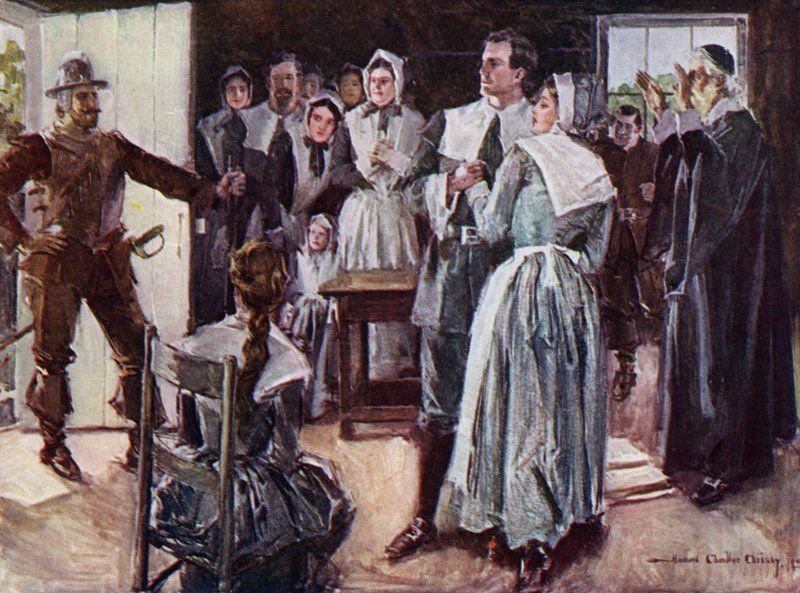 Illustration för The Courtship of Miles Standish av Henry Wadsworth Longfellow (litho i färg) av Howard Chandler (after) Christy