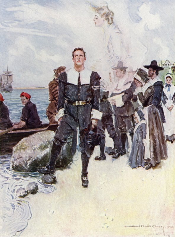 Illustration för The Courtship of Miles Standish av Henry Wadsworth Longfellow (litho i färg) av Howard Chandler (after) Christy