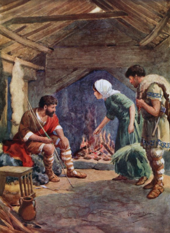 Alfred den store i den prydliga flockens stuga (färg litho) av Howard Davie