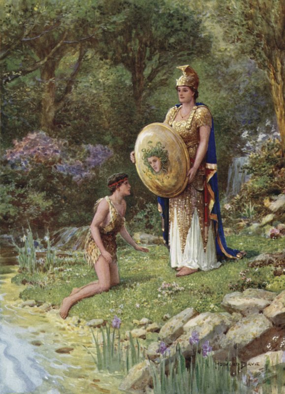 Vågar du möta ett sådant monster som detta? Från How Perseus svor ett utslagslöfte (färg litho) av Howard Davie