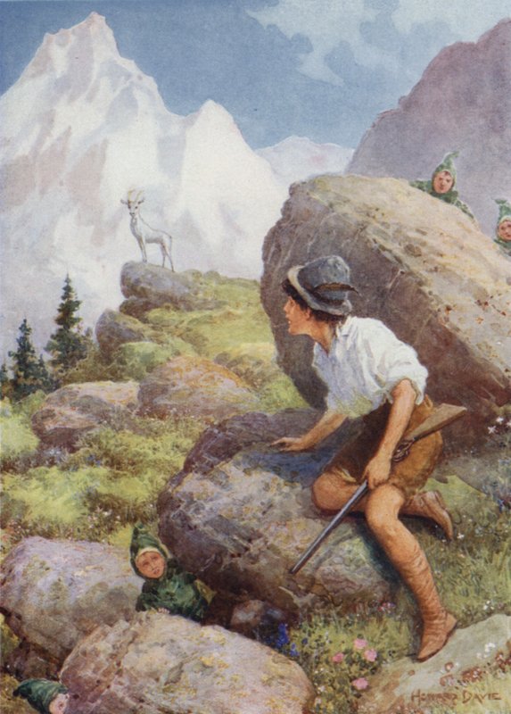 "Han såg slatarog stå på en topp" från "The Legend of the White Chamois" (färg litho) av Howard Davie
