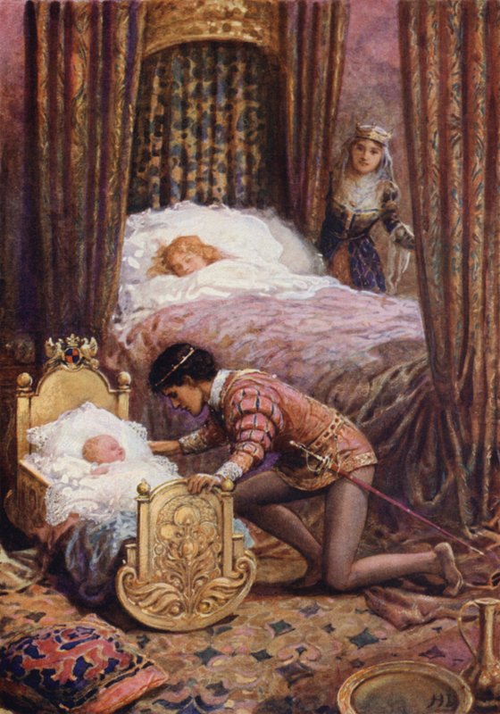 "Han böjde sig ner för att kyssa den lilla bebisen" från "Luciella" (färg litho) av Howard Davie