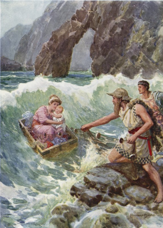 Han drog henne och barnet säkert på en avsats av sten. Från hur Perseus och hans mor kom till Seriphos (färg litho) av Howard Davie