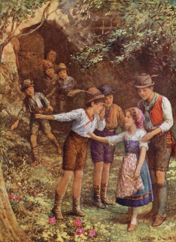 Mortella och hennes sju bröder, från "The Child of the Myrtle Tree" (färg litho) av Howard Davie