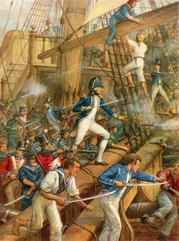 Nelson går ombord på San Nicolas (färg litho) av Howard Davie