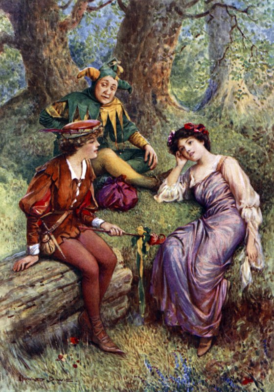 Rosalind, Celia och Touchstone (färg litho) av Howard Davie