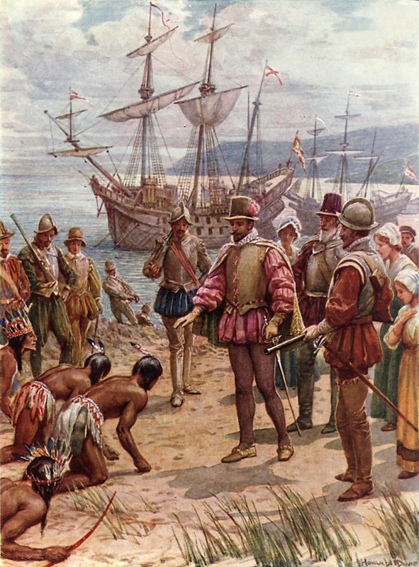 Sir Walter Raleigh landar i Virginia (färg litho) av Howard Davie