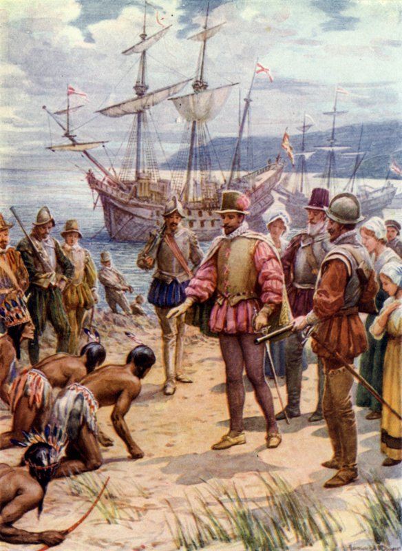 Sir Walter Raleigh, landar i Virginia (färg litho) av Howard Davie