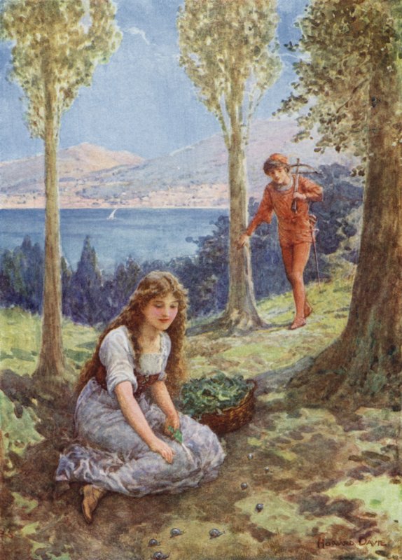 "Plötsligt stannade han och stirrade hänförd" från "Filadoro" (färg litho) av Howard Davie