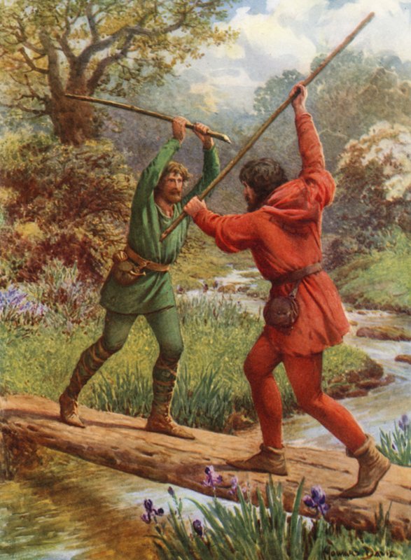 "Kampen mellan Robin Hood och Little John" (färg litho) av Howard Davie